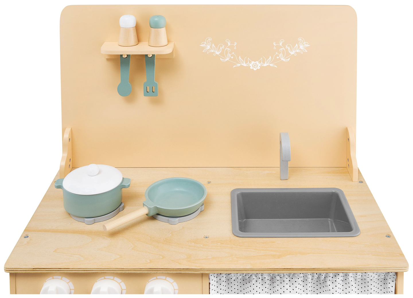 Drvena kuhinja s pregačom, dodacima i LED rasvjetom