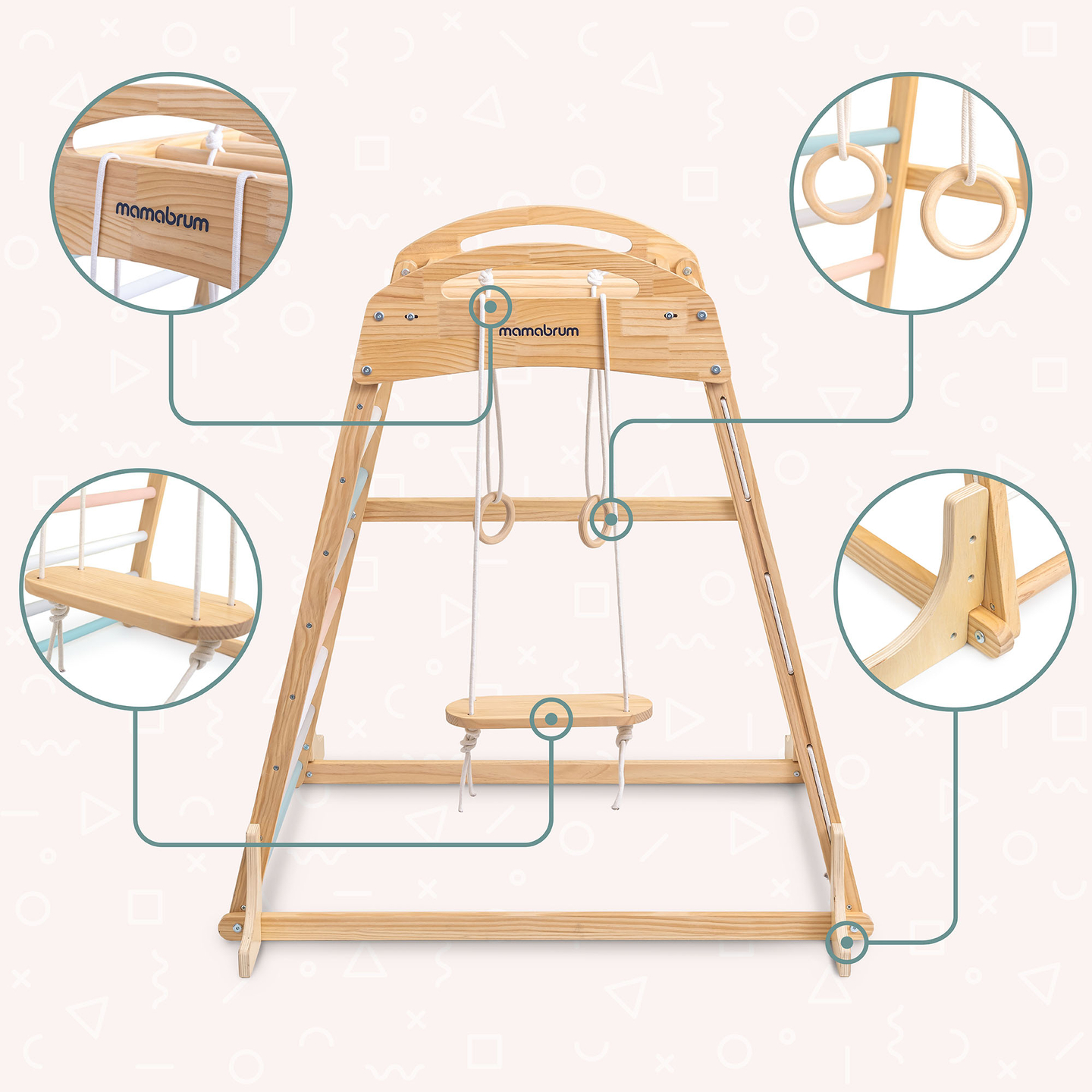 Drveno unutarnje igralište s ljuljačkom, gimnastičkim kolutovima i mrežom za penjanje