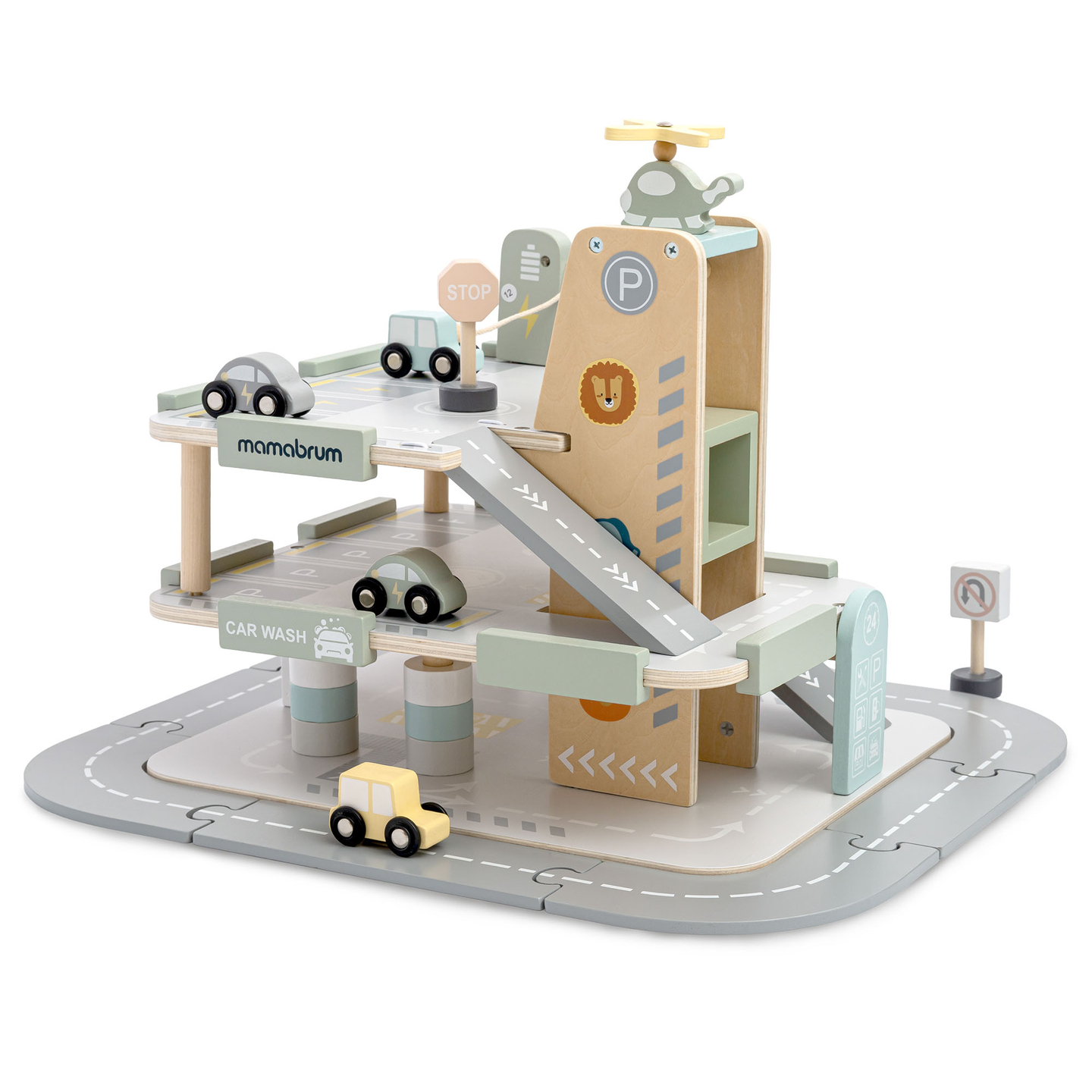 Drvena, trokatna garaža za djecu s pratećom opremom – parkiralište, benzinska postaja, autopraonica, helikopter