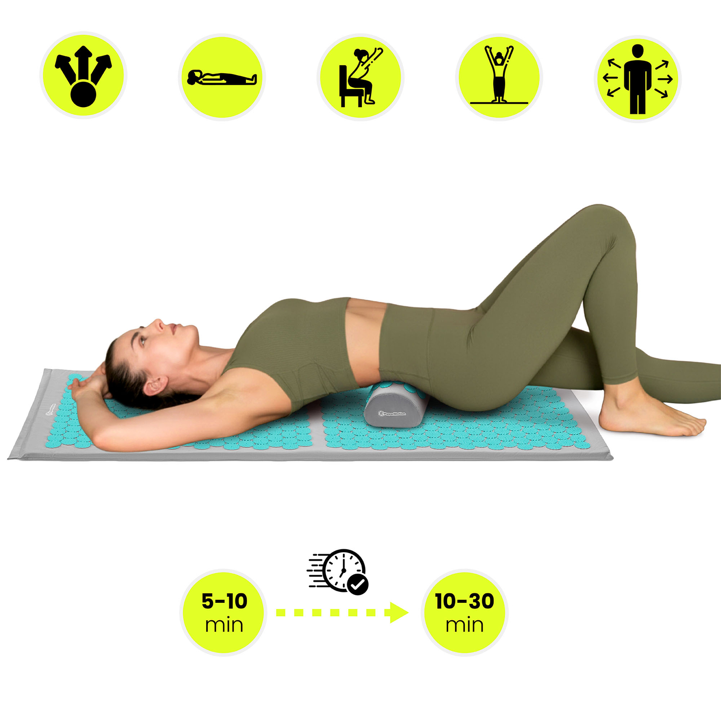 Velika akupresurna prostirka s jastukom i navlakom - 130 cm HyperMotion sivo-menta