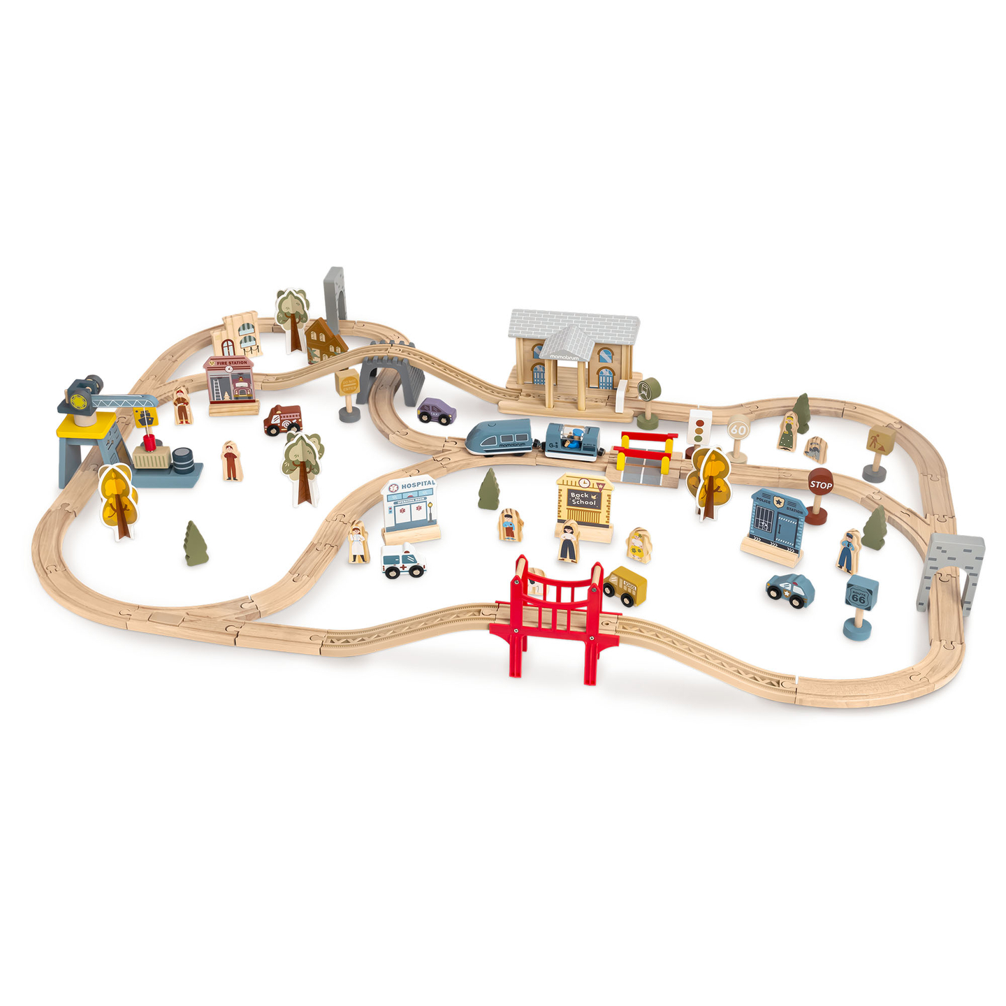 Drvena gradska željeznica s električnim vlakom - pokretna dizalica, brod, mostovi