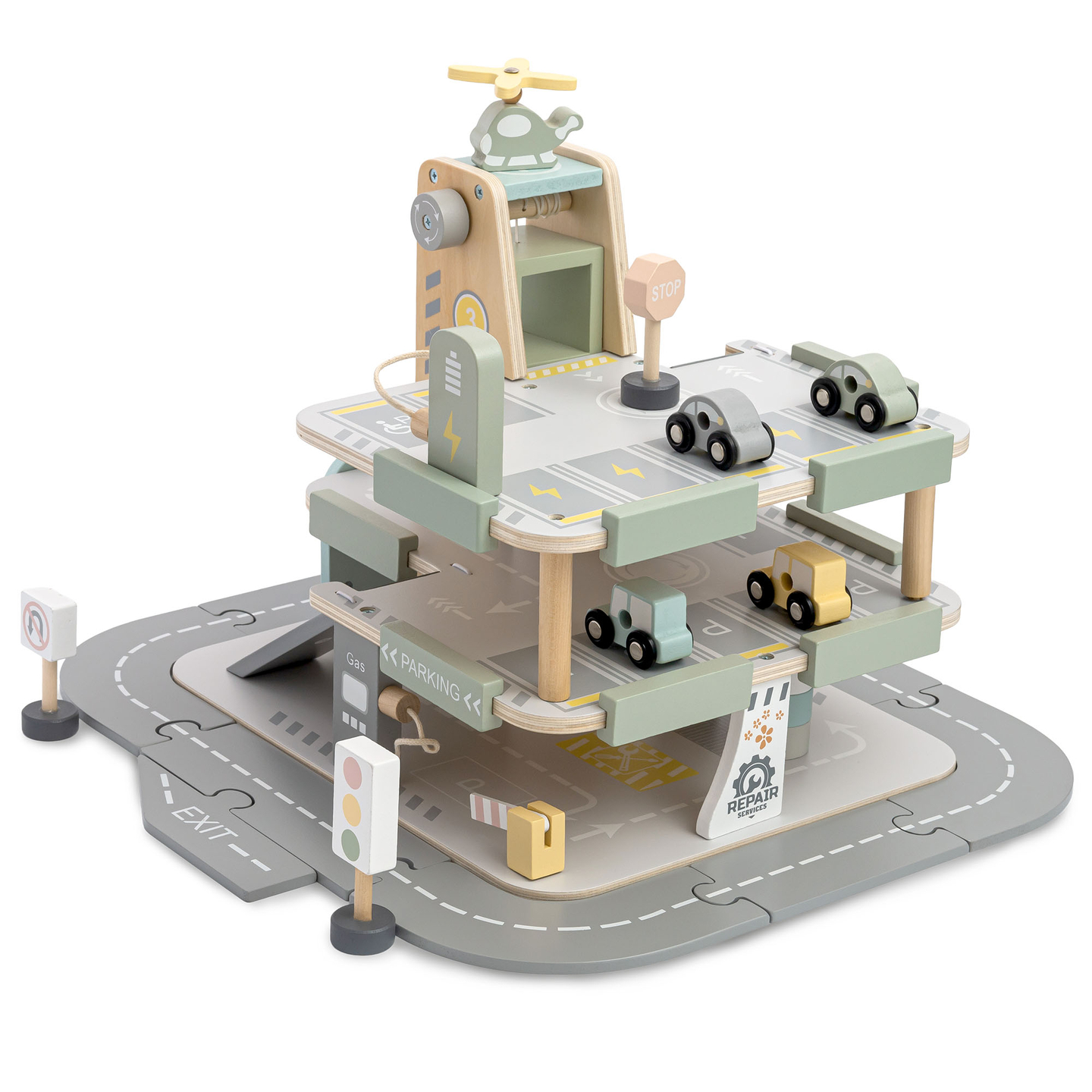 Drvena, trokatna garaža za djecu s pratećom opremom – parkiralište, benzinska postaja, autopraonica, helikopter