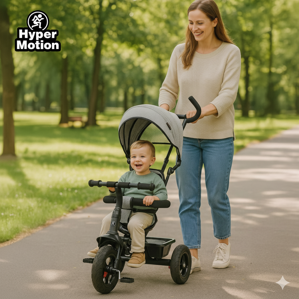 Tricikl za djecu 1-4 godine - TOBI FREY - siva boja - okretna - kotači na napuhavanje + guralica