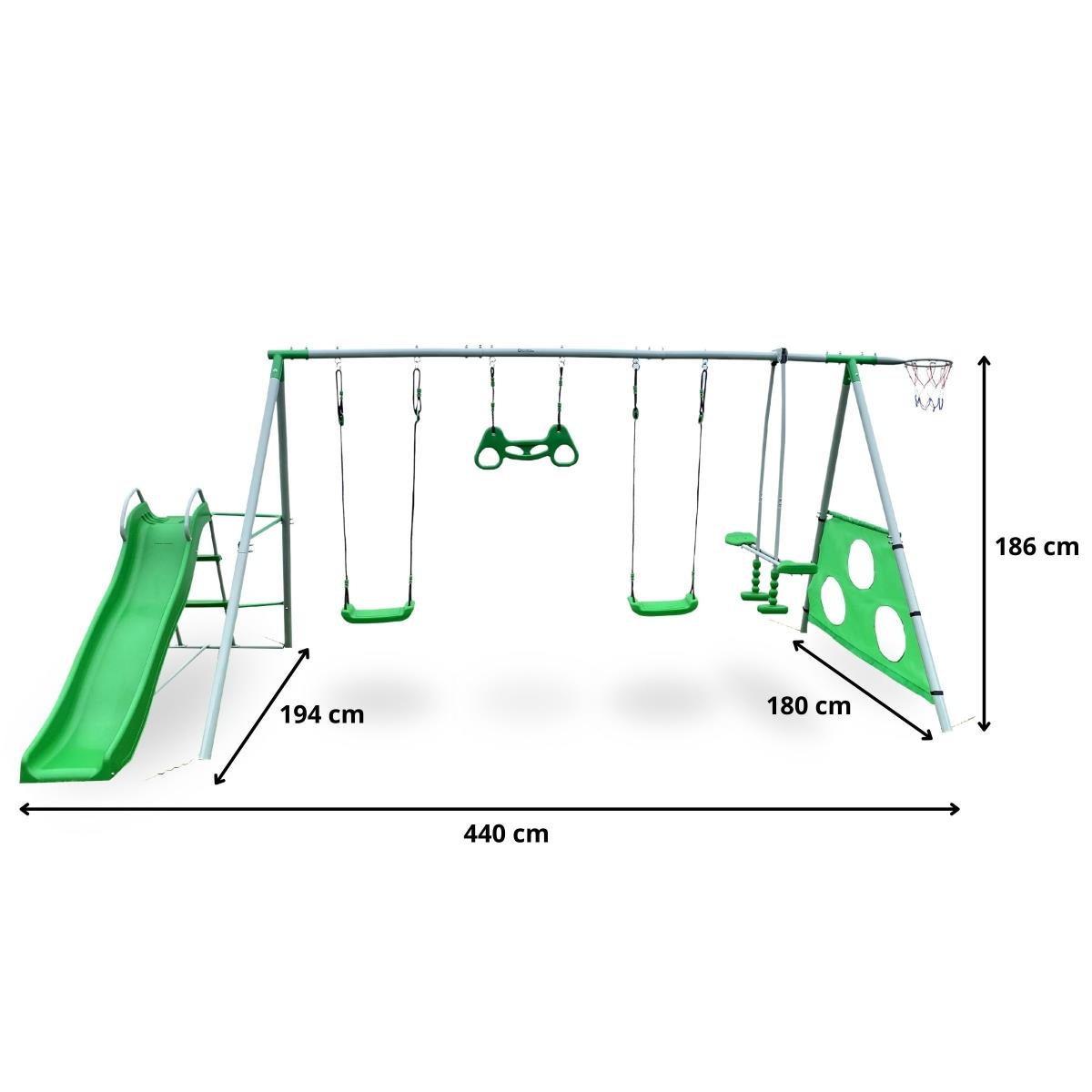 XXXL vrtno igralište za djecu s ljuljačkama, toboganom, gimnastičkim trapezom, košem za košarku i nogometnim golom
