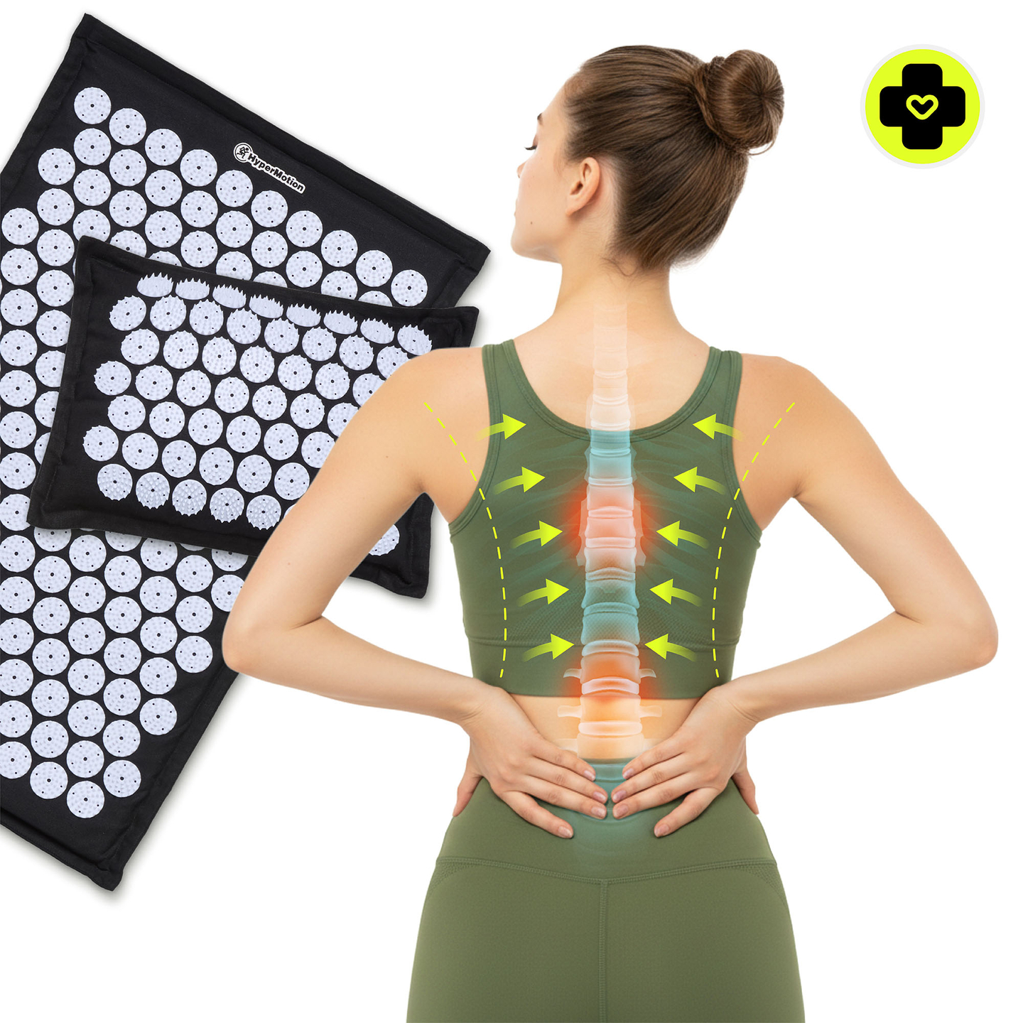 EKO lanena prostirka za akupresuru s kokosovim vlaknima i jastukom od heljde – 68 cm HyperMotion crno-bijela