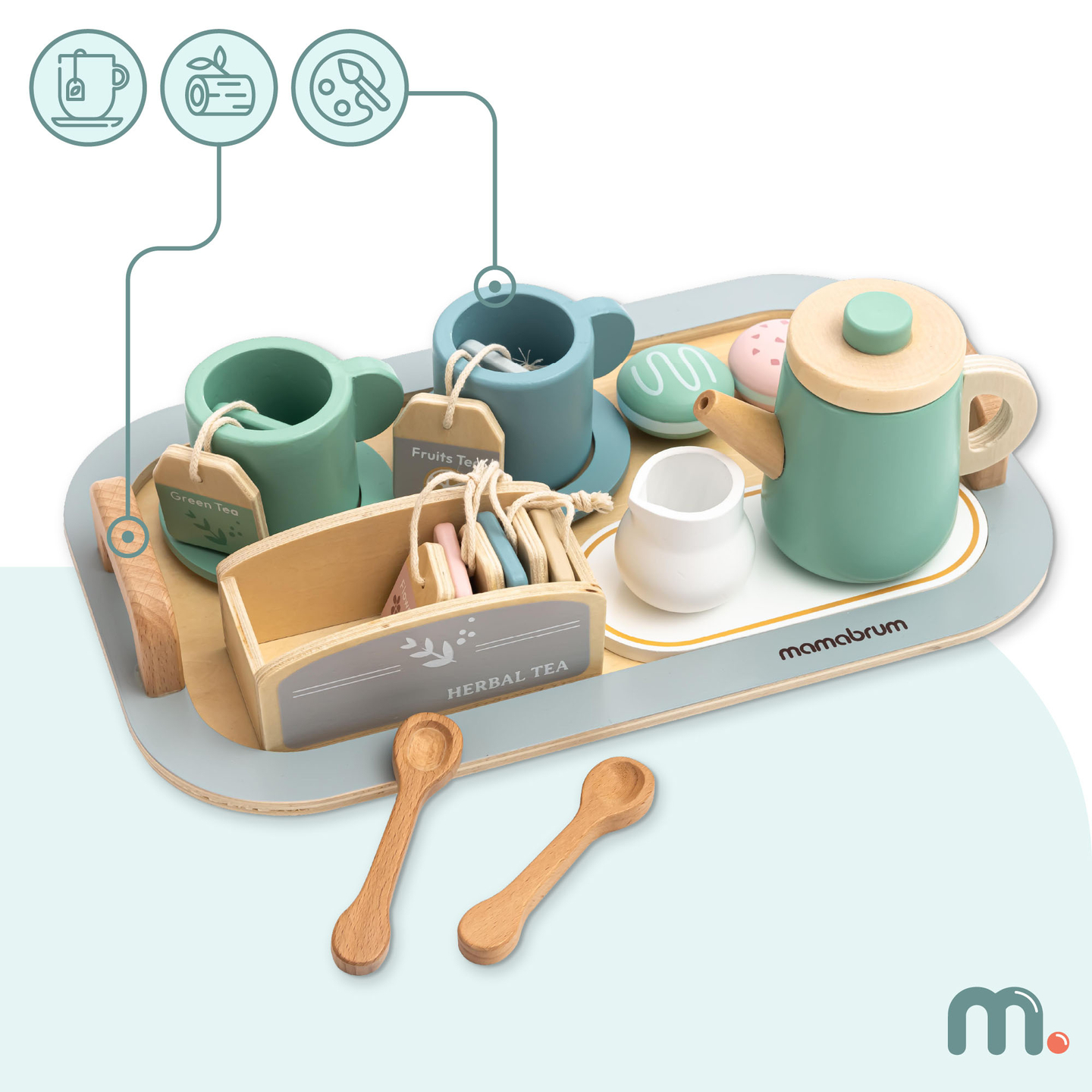 Veliki drveni set za čaj s pladnjem - 18 dijelova