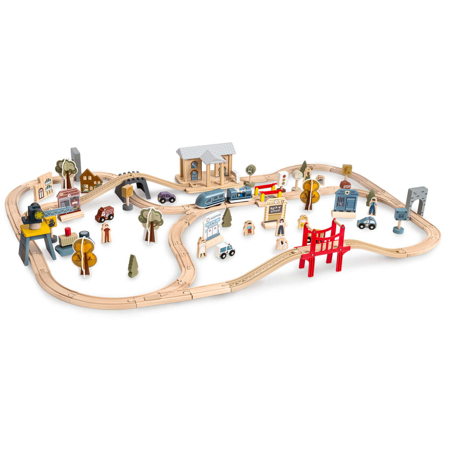 Drvena gradska željeznica s električnim vlakom - pokretna dizalica, brod, mostovi