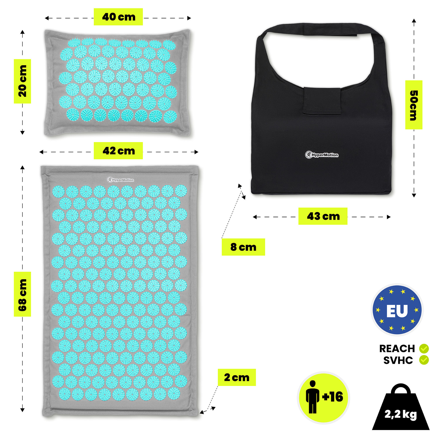 EKO lanena prostirka za akupresuru s kokosovim vlaknima i jastukom od heljde – 68 cm HyperMotion sivo-mentaste boje