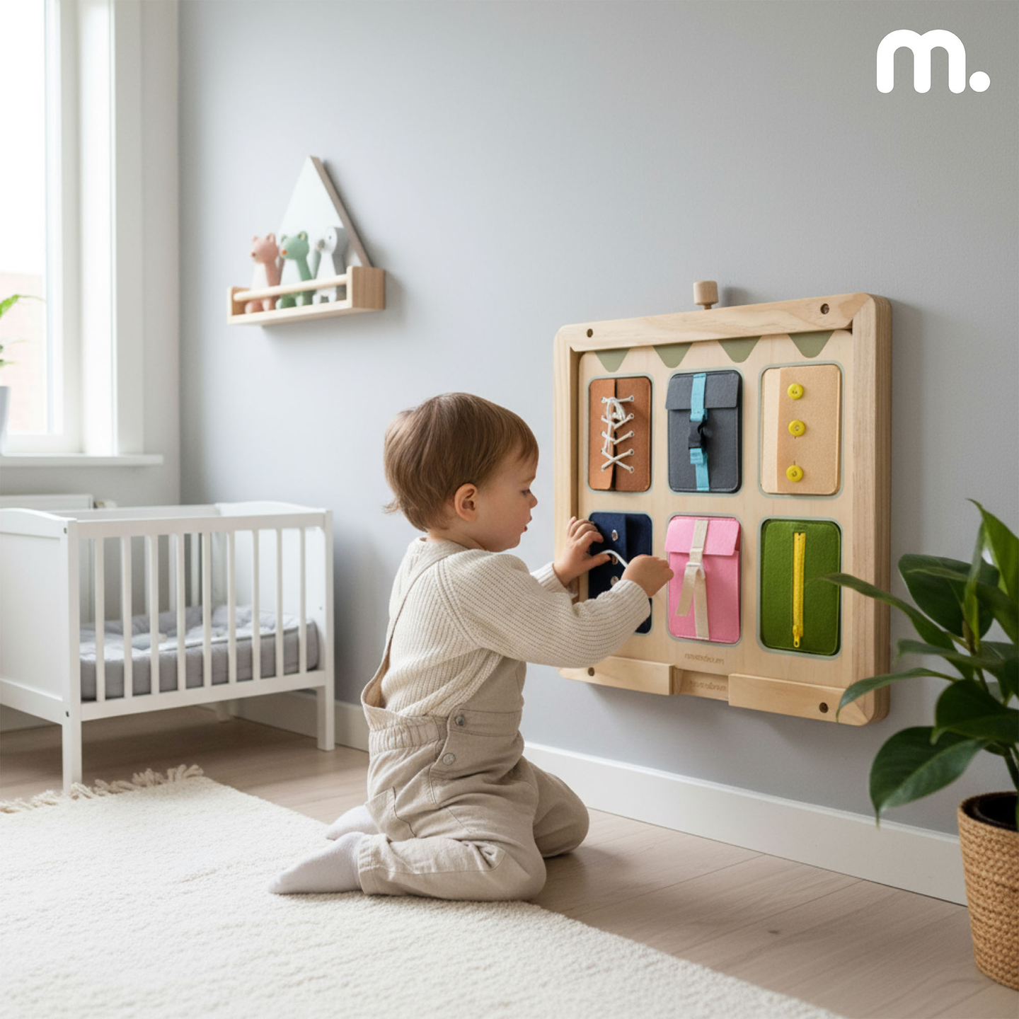 Drvena Montessori manipulativna ploča – Senzorno učenje samostalnosti - vezice, kopče, gumbi, drukeri, patentni zatvarač