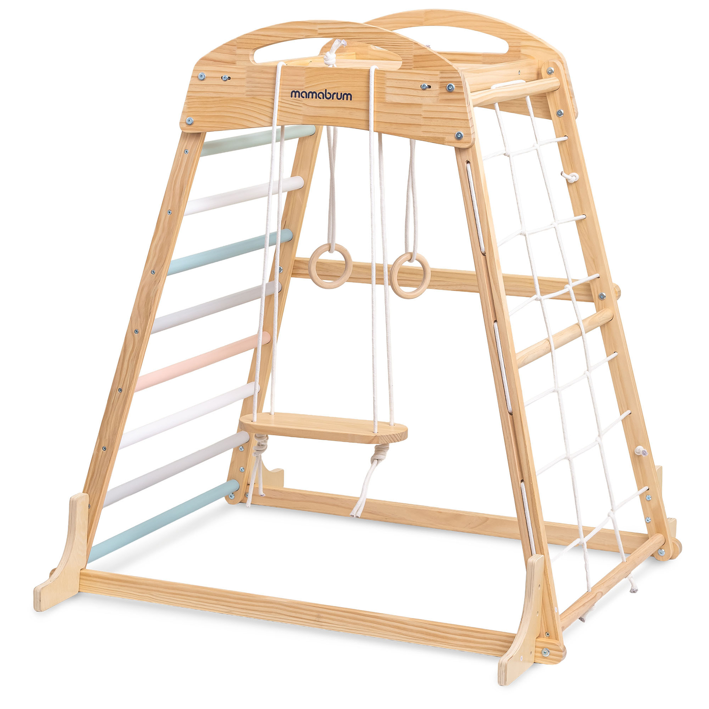 Drveno unutarnje igralište s ljuljačkom, gimnastičkim kolutovima i mrežom za penjanje