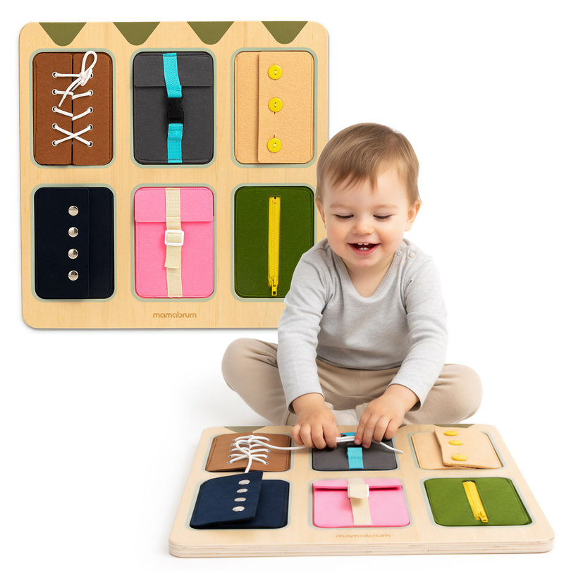 Drvena Montessori manipulativna ploča – Senzorno učenje samostalnosti - vezice, kopče, gumbi, drukeri, patentni zatvarač