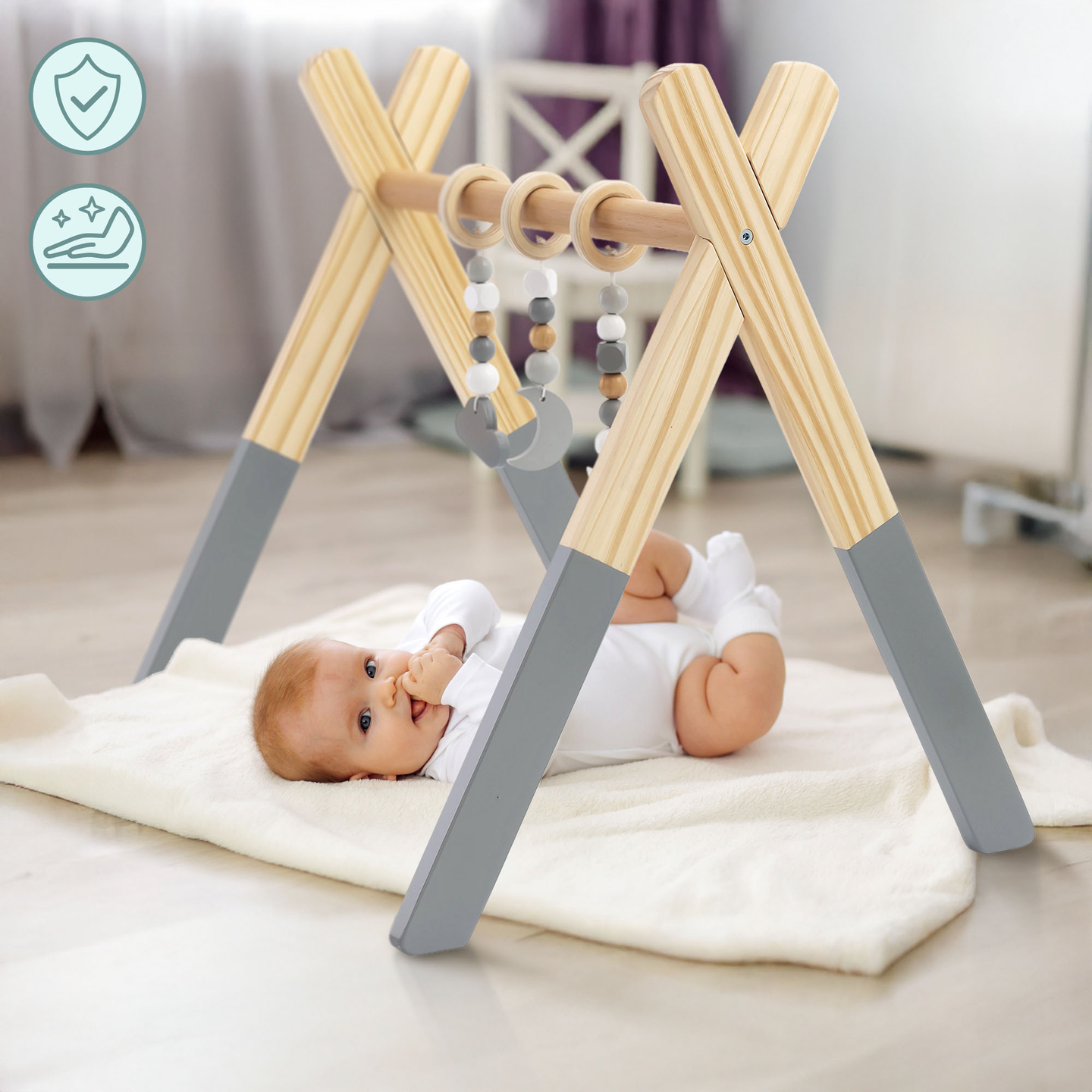 Drveni edukativni stalak za Baby Gym - siva boja