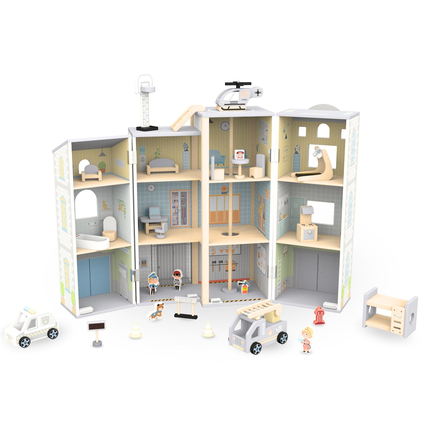 Veliki sklopivi vatrogasni dom s policijskom postajom - drveni set. Vatrogasna i policijska postaja s priborom.