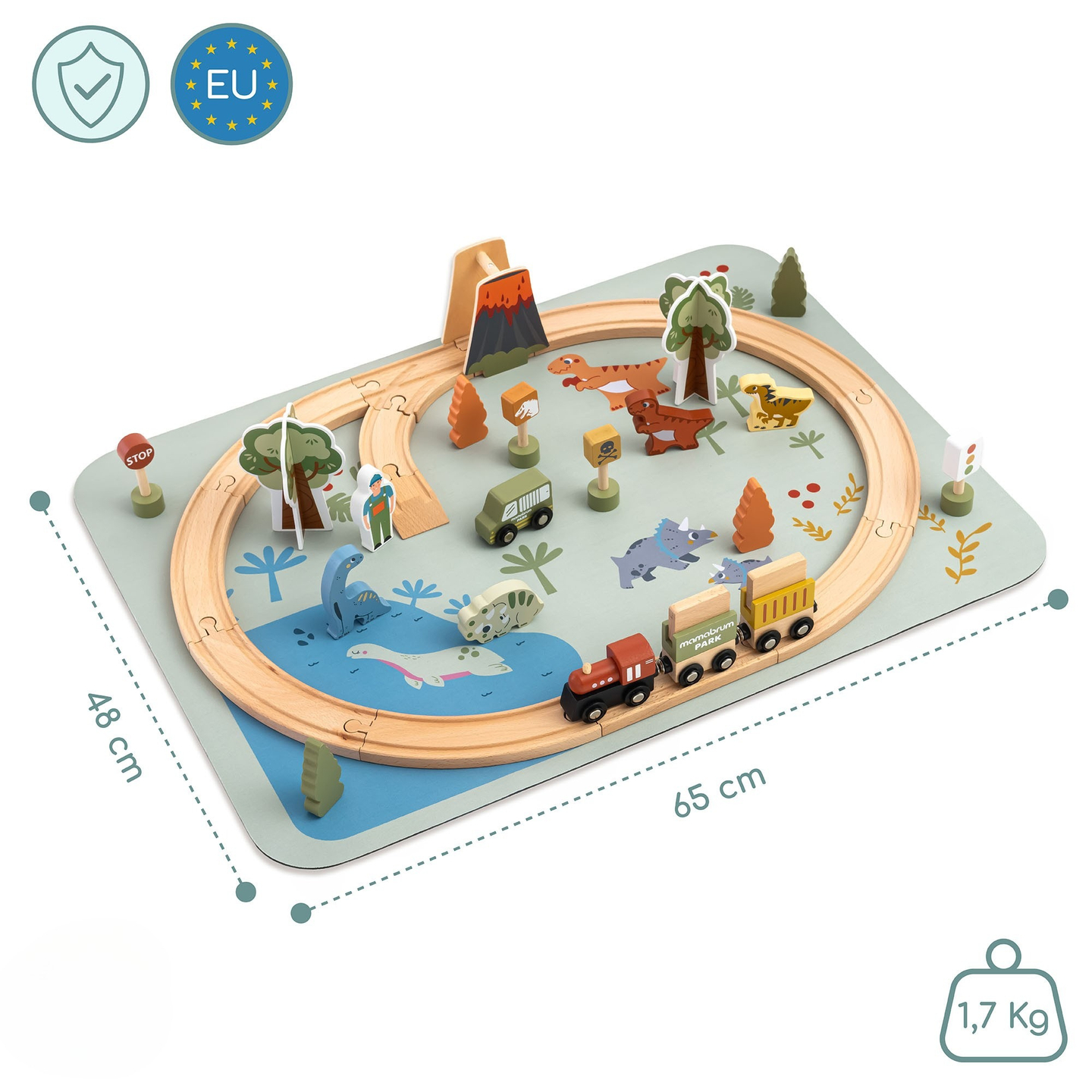 Dino Park drveni vlak s protukliznom podlogom - dinosauri, vlak, tračnice, vulkan, zvono