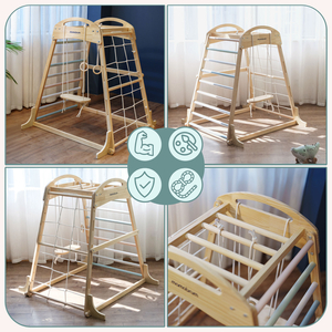 Drveno unutarnje igralište s ljuljačkom, gimnastičkim kolutovima i mrežom za penjanje