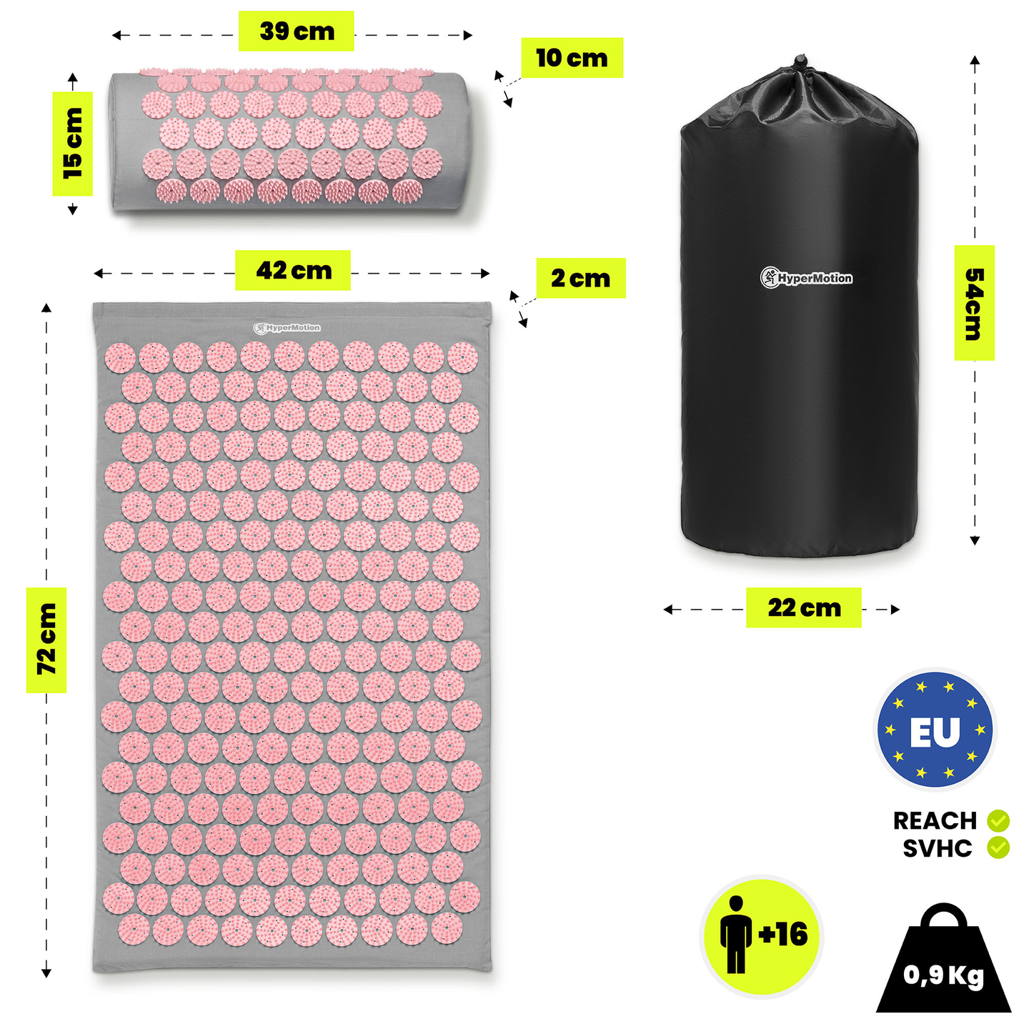Prostirka za akupresuru s jastukom i navlakom - 72 cm HyperMotion siva i roza