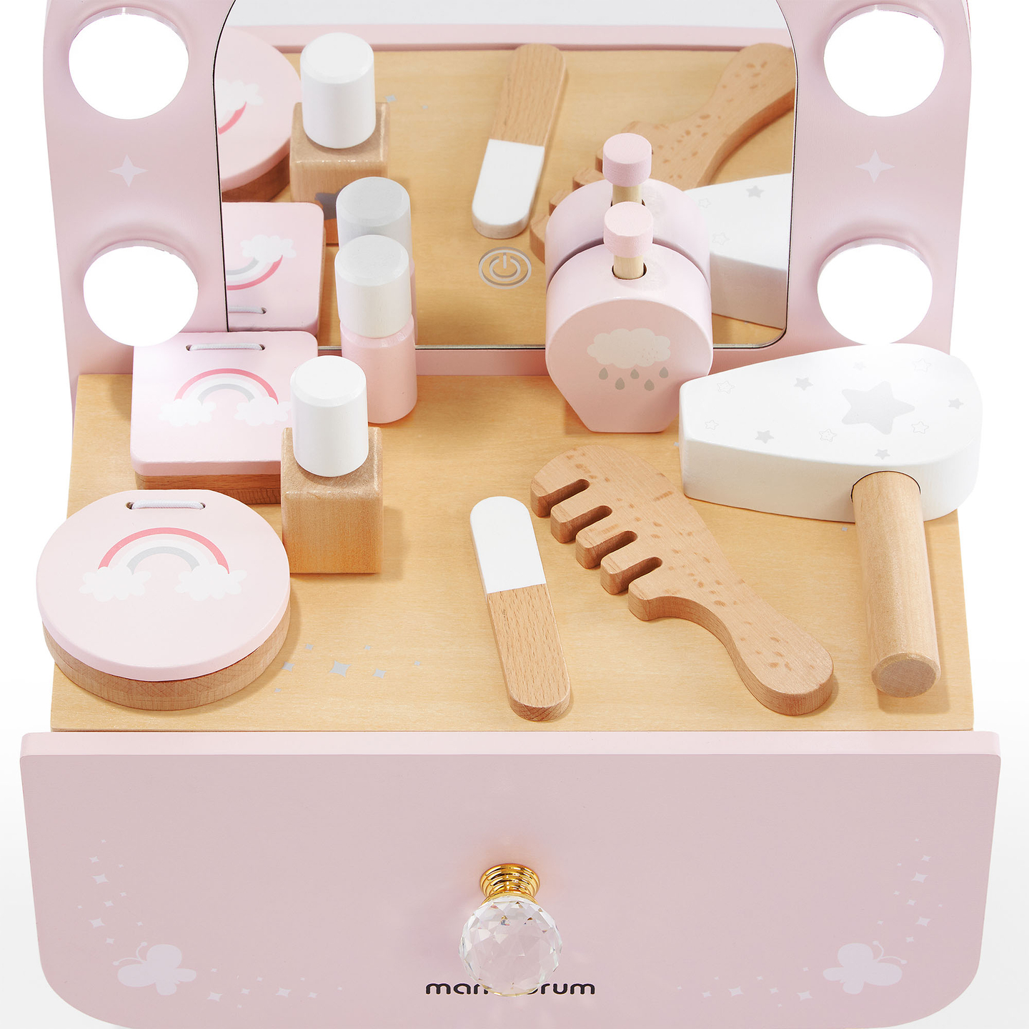 Drveni mini toaletni stolić za djecu s priborom i LED rasvjetom s glatkim podešavanjem svjetline