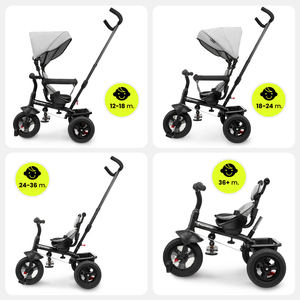 Tricikl za djecu 1-4 godine - TOBI FREY - siva boja - okretna - kotači na napuhavanje + guralica