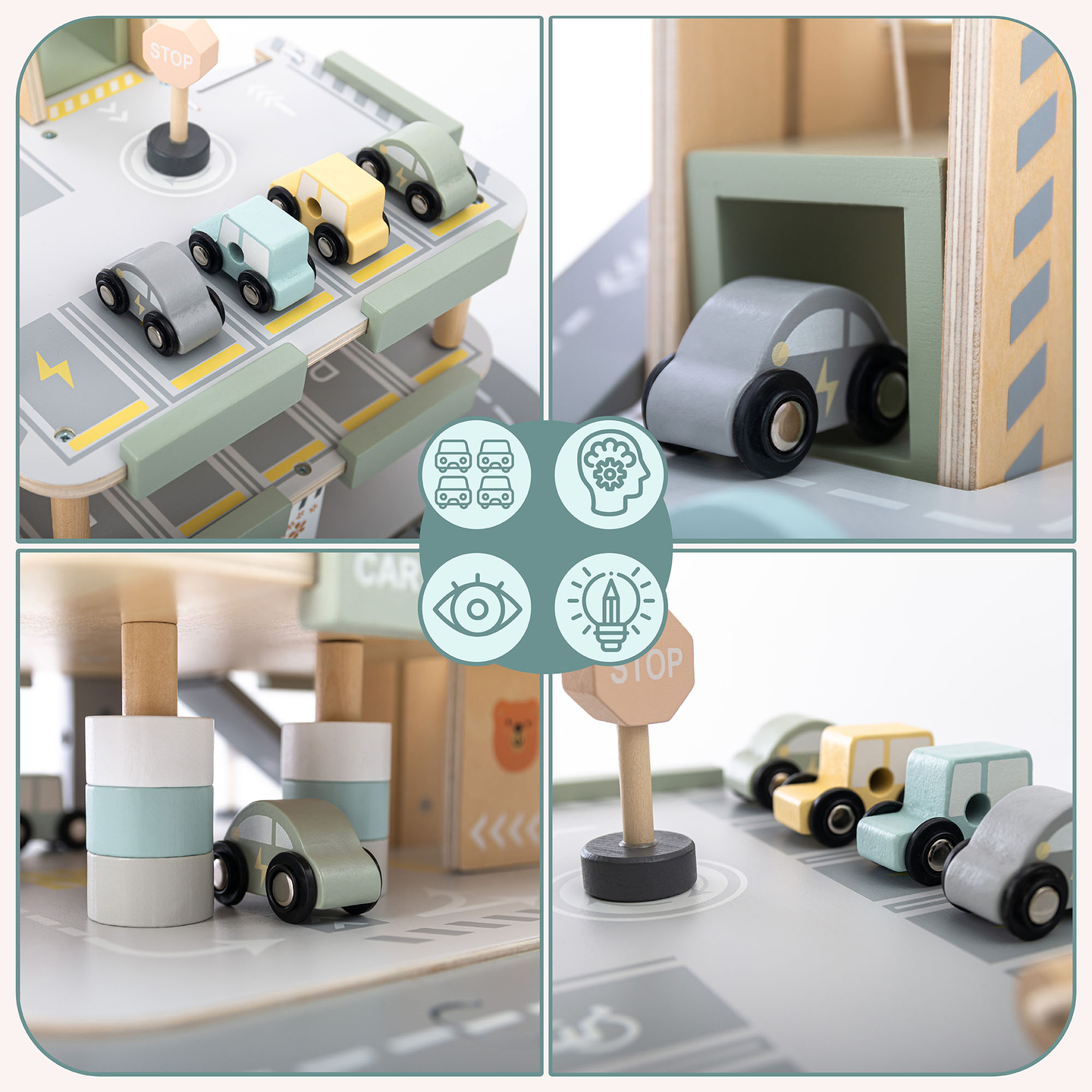 Drvena, trokatna garaža za djecu s pratećom opremom – parkiralište, benzinska postaja, autopraonica, helikopter