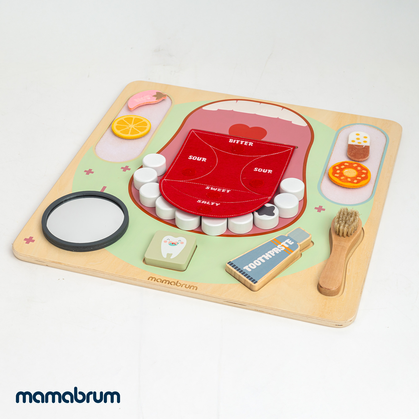 Drvena Montessori edukativna ploča za mali stomatolog - četkica za zube, pasta za zube, zubi koji se mogu ukloniti, ogledalo, hrana, okusi za učenje