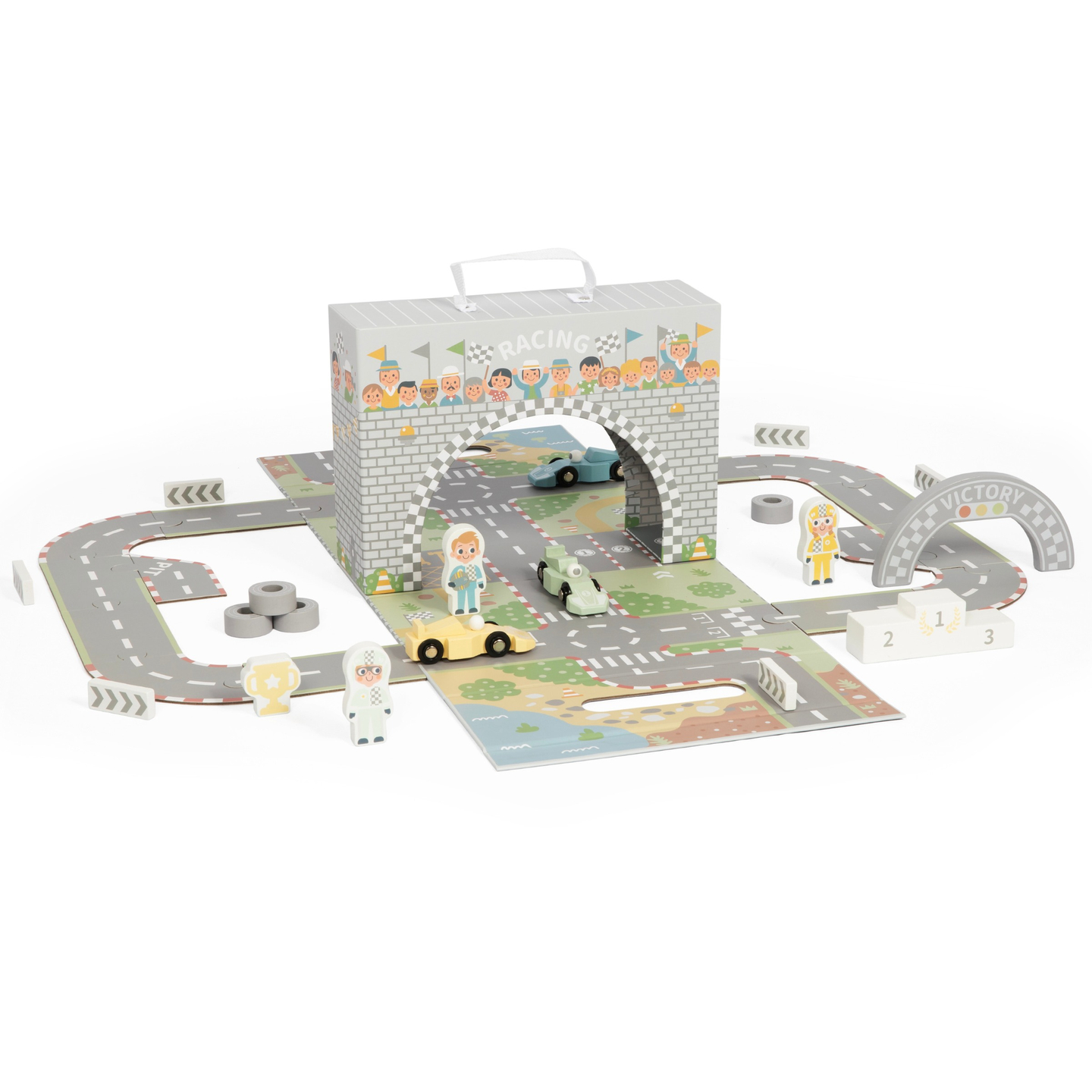 Magnetni kofer s trkaćom stazom, drvenim vozilima i cestovnim dodacima