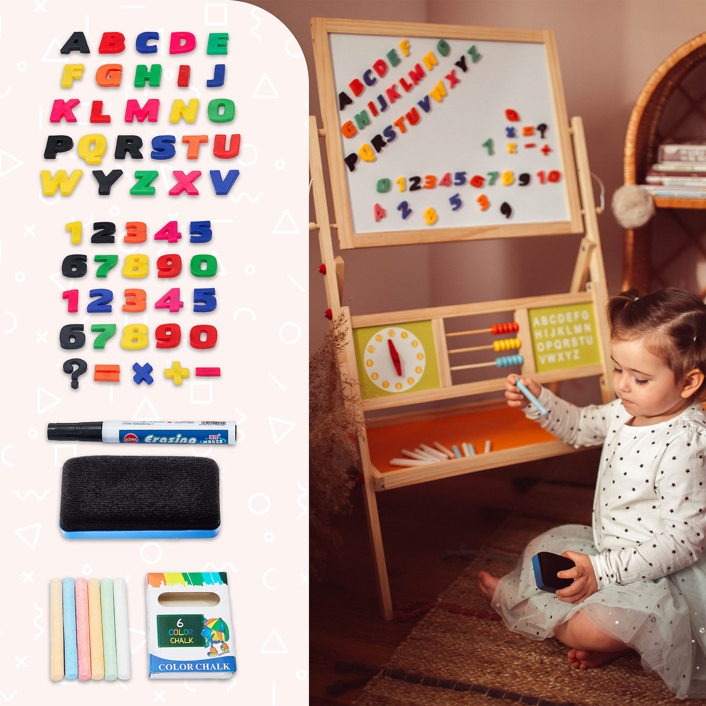 Velika dvostrana edukativna ploča: magnetna i kreda - suhobrisanje, drvena