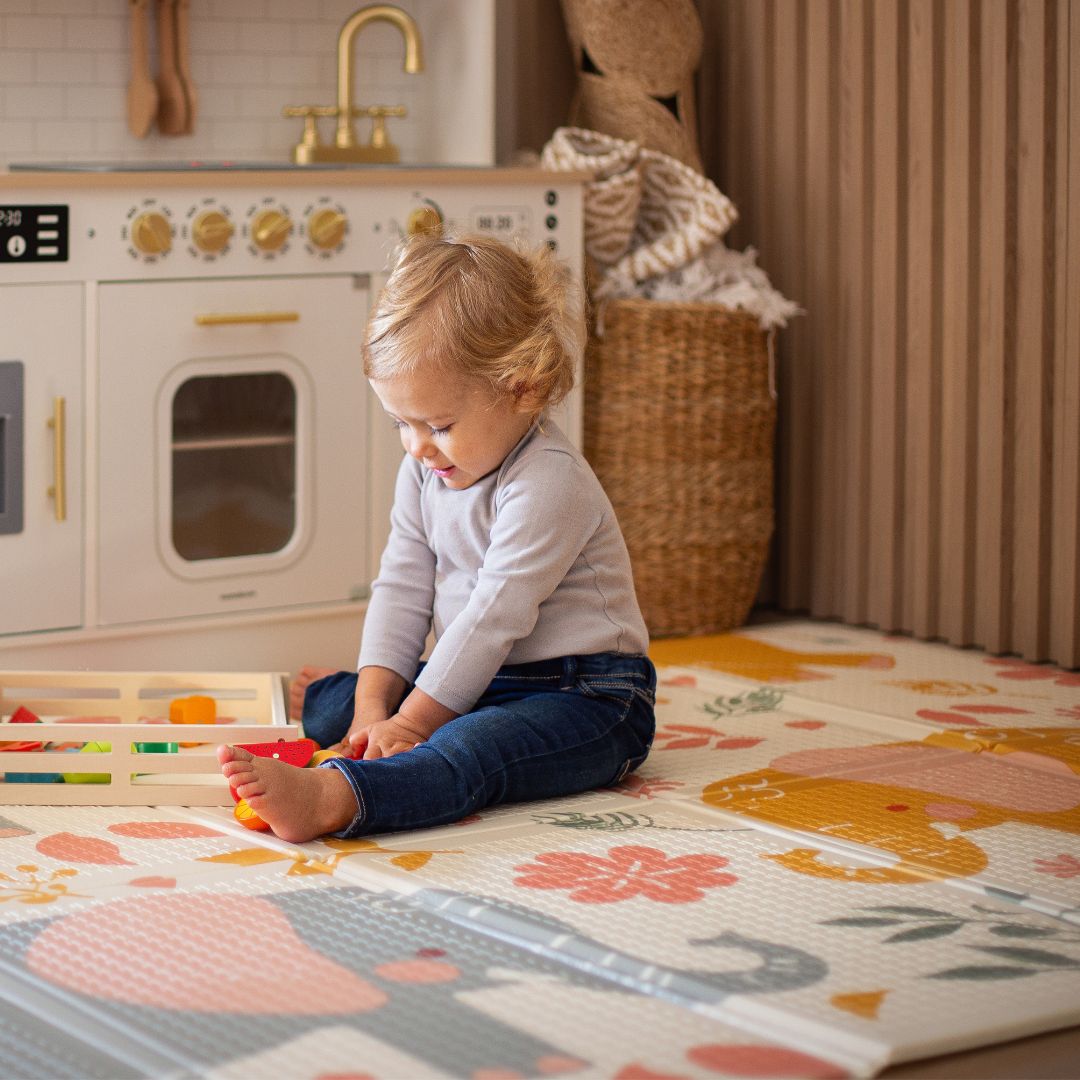 Dvostrana sklopiva pjenasta prostirka 180 x 120 x 1 cm - egzotični slonovi/jednobojna siva