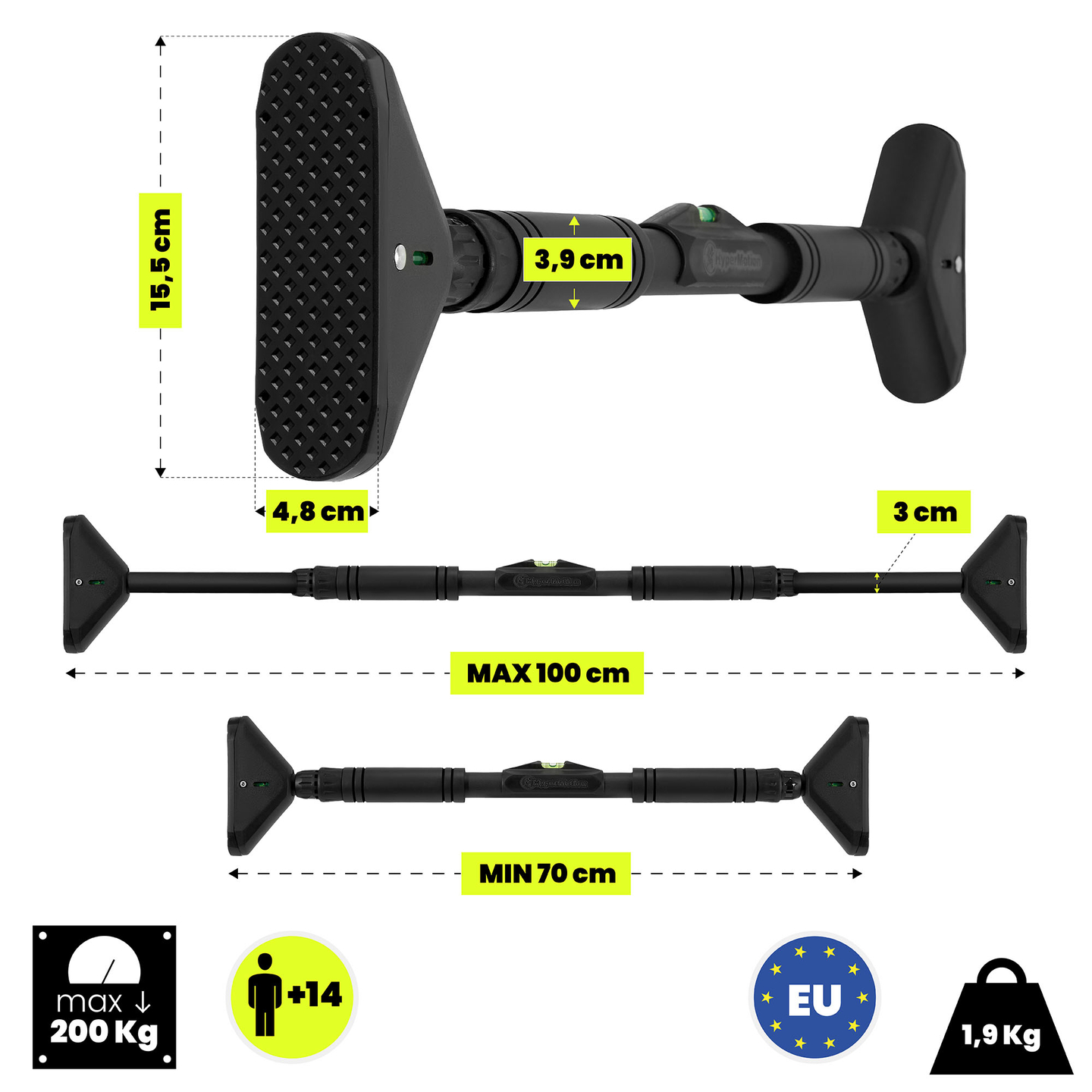 HyperMotion podesiva šipka za zgibove 70–100 cm, 200 kg, crna