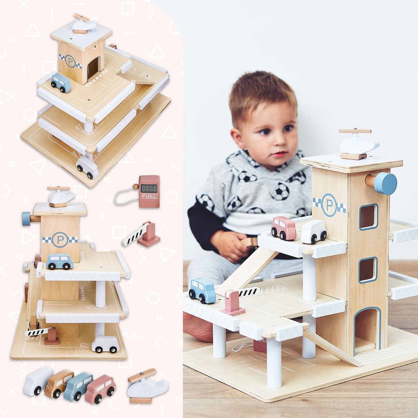 Drveni troetažni parking sa liftom - garaža sa automobilima i helikopterom