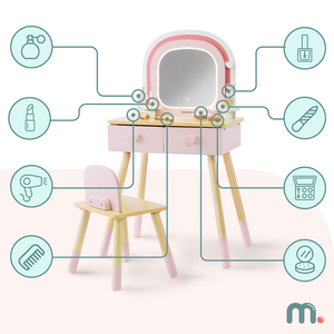Drveni toaletni stolić za djecu s LED rasvjetom s glatkim podešavanjem svjetline, stolicom i priborom