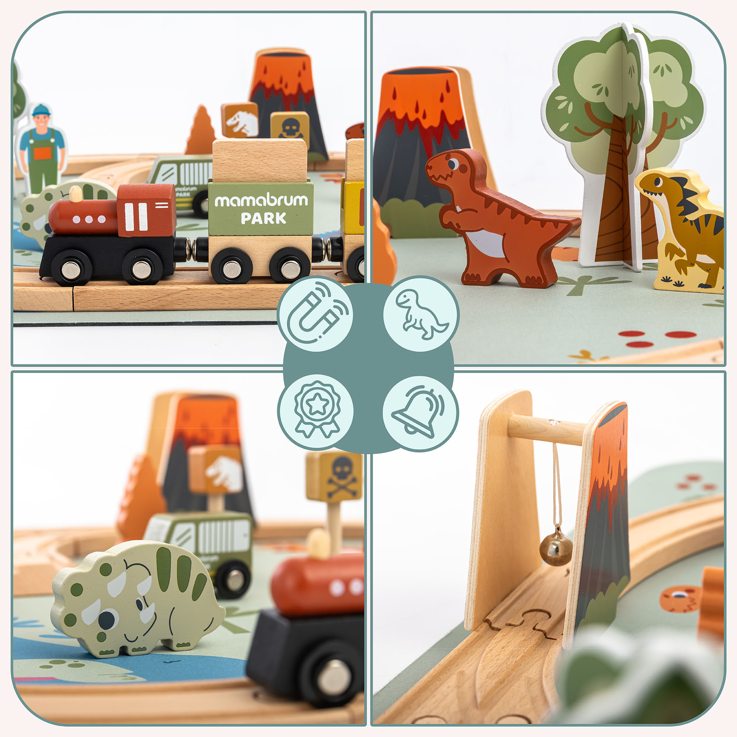 Dino Park drveni vlak s protukliznom podlogom - dinosauri, vlak, tračnice, vulkan, zvono