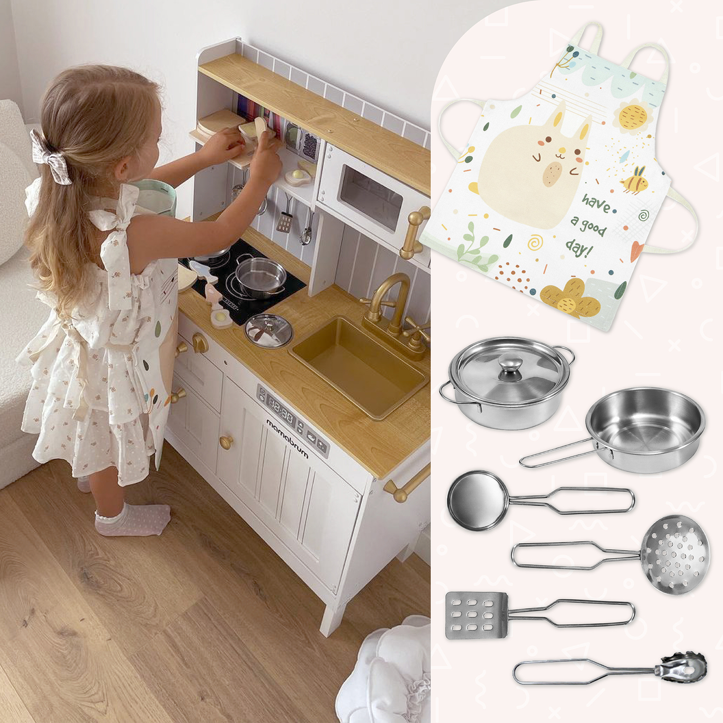 Drvena bijela kuhinja s priborom i pregačom