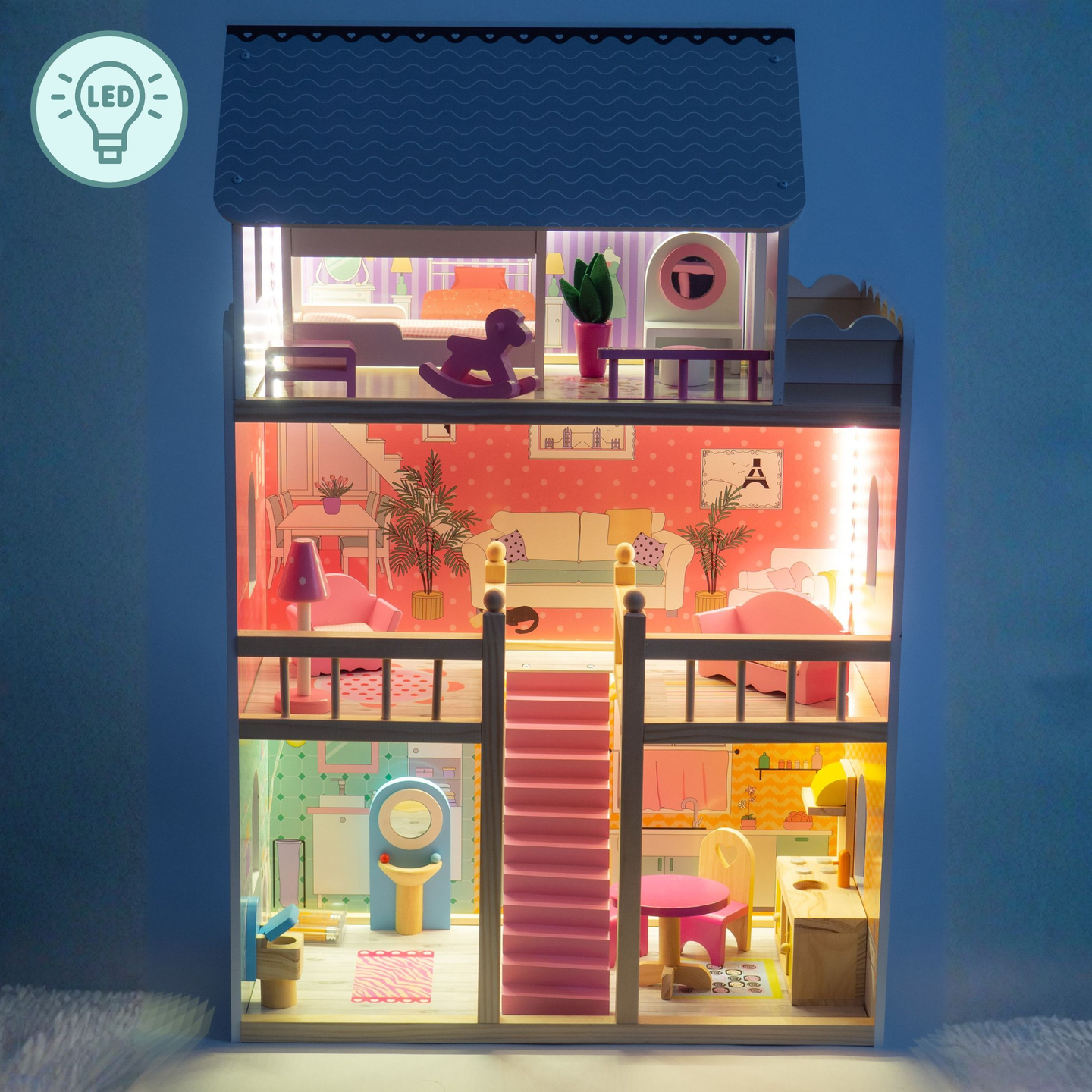 Velika drvena kućica za lutke na 3 kata s terasom, kompletom namještaja i LED rasvjetom!