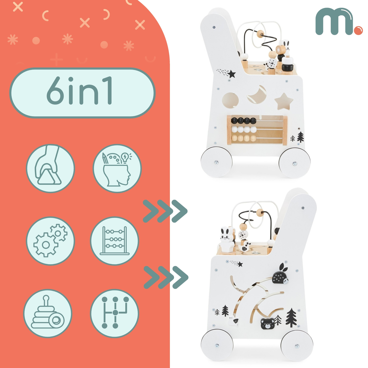 6 u 1 drvena guralica, hodalica s funkcijom edukativnog stola