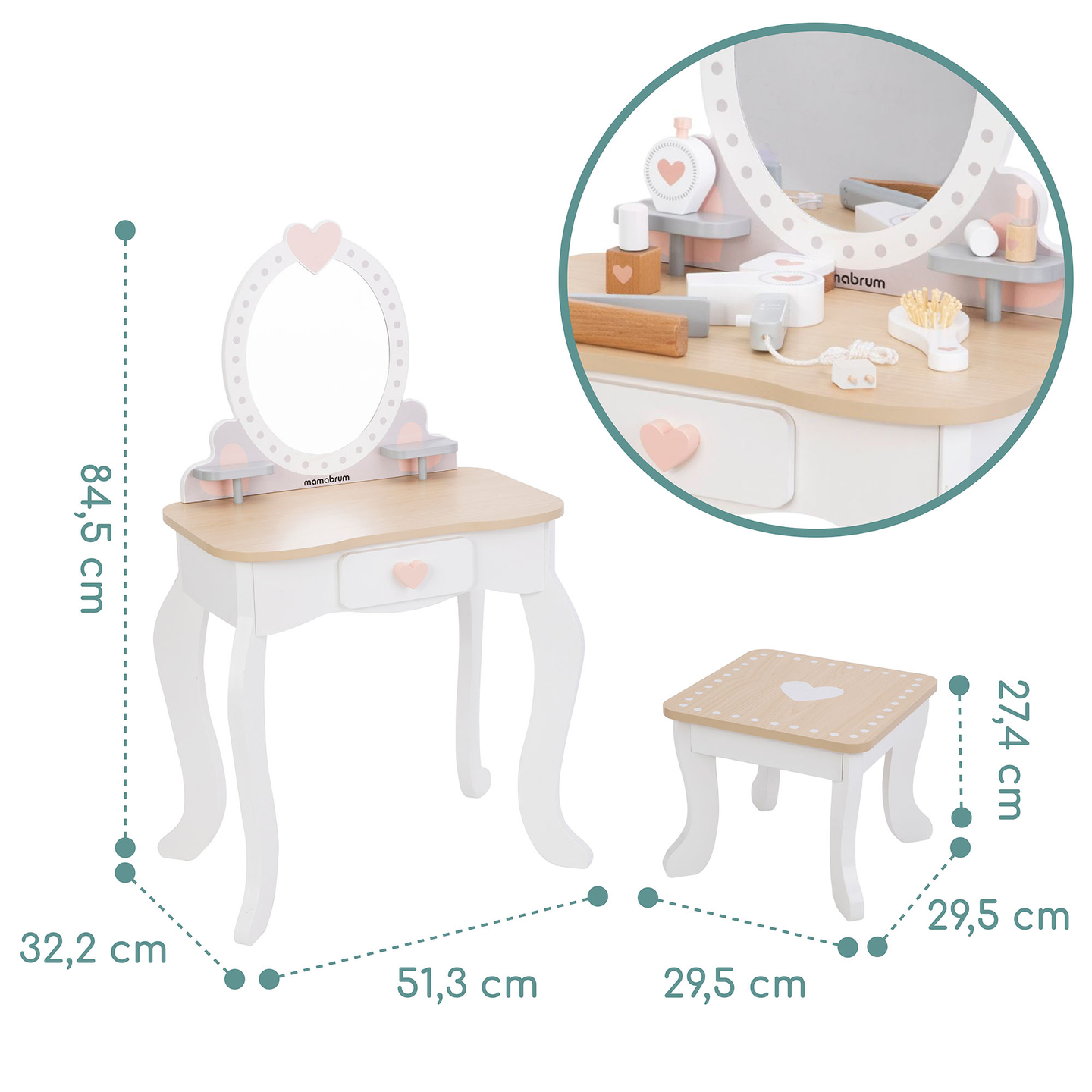 Drveni toaletni stol sa stolicom i dodacima