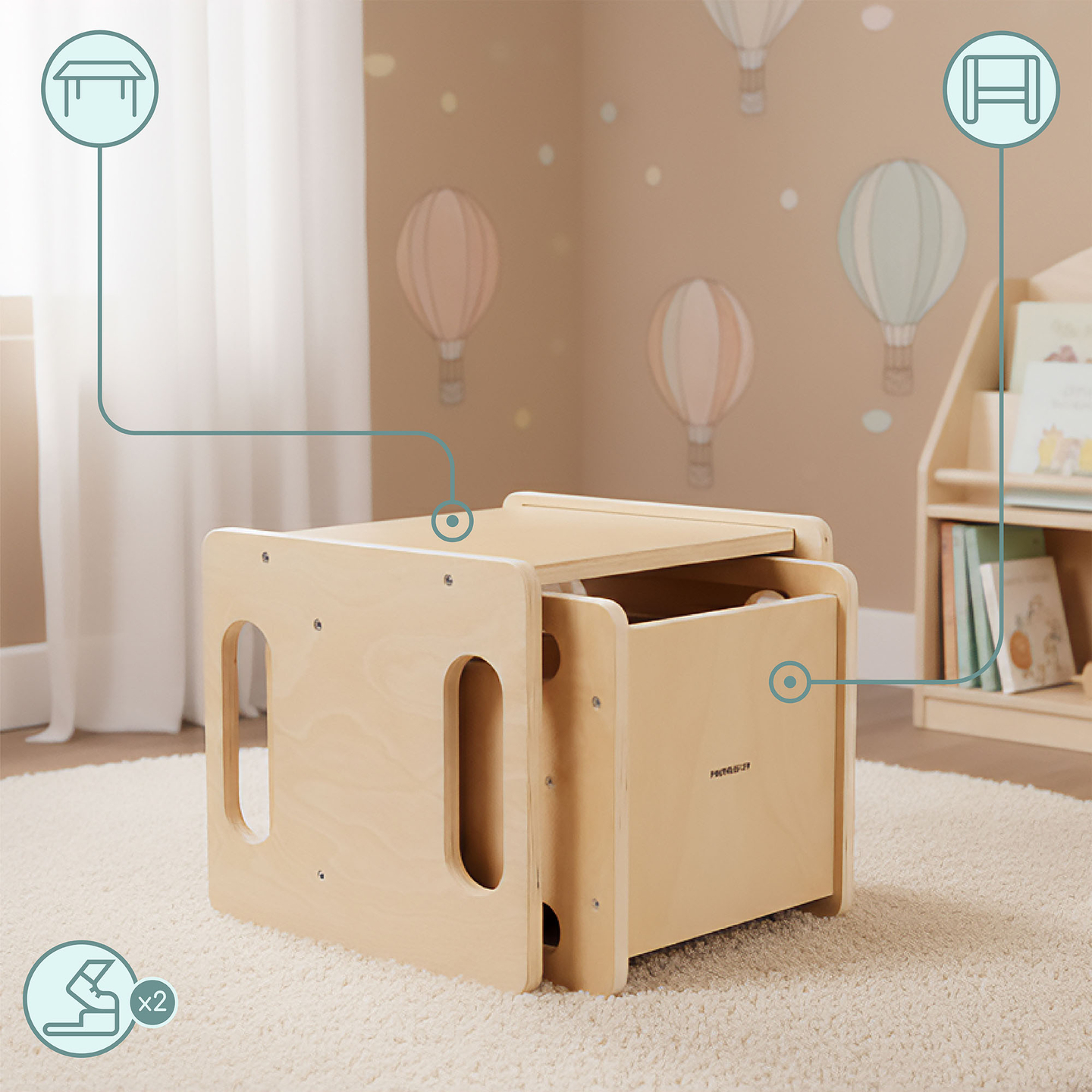 Drveni stol i stolica s funkcijom stepenice – multifunkcionalni Montessori set za djecu