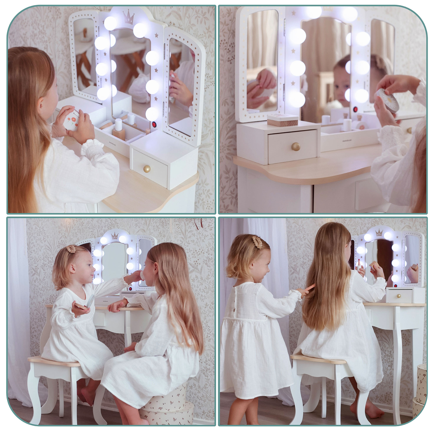 XXL drveni toaletni stolić sa stolicom i LED rasvjetom za djecu + pribor