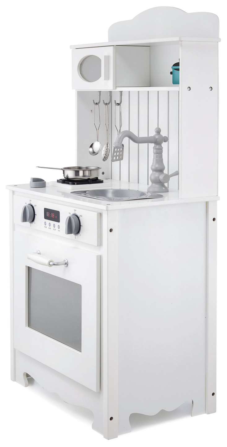 Bijela drvena kuhinja s pregačom, priborom i LED lampom