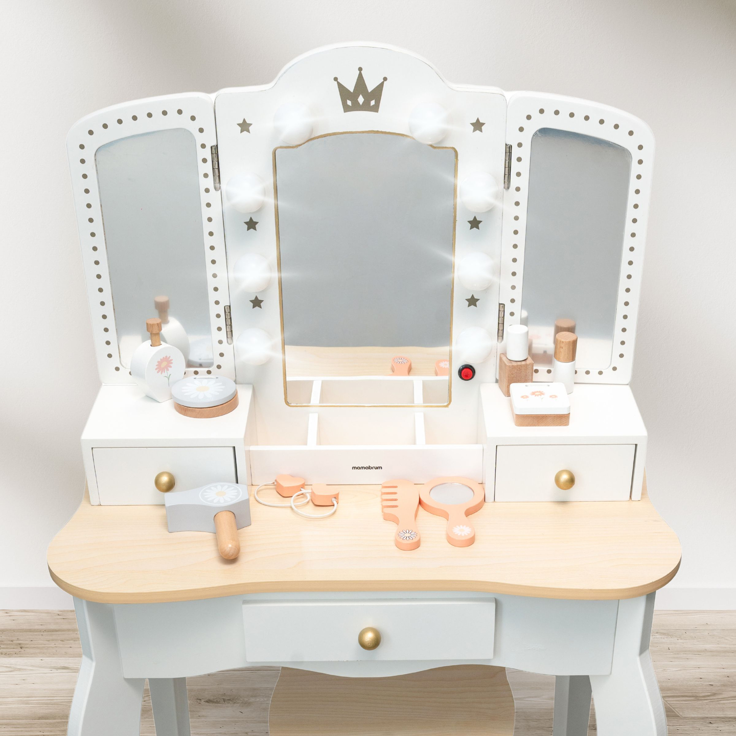 XXL drveni toaletni stolić sa stolicom i LED rasvjetom za djecu + pribor