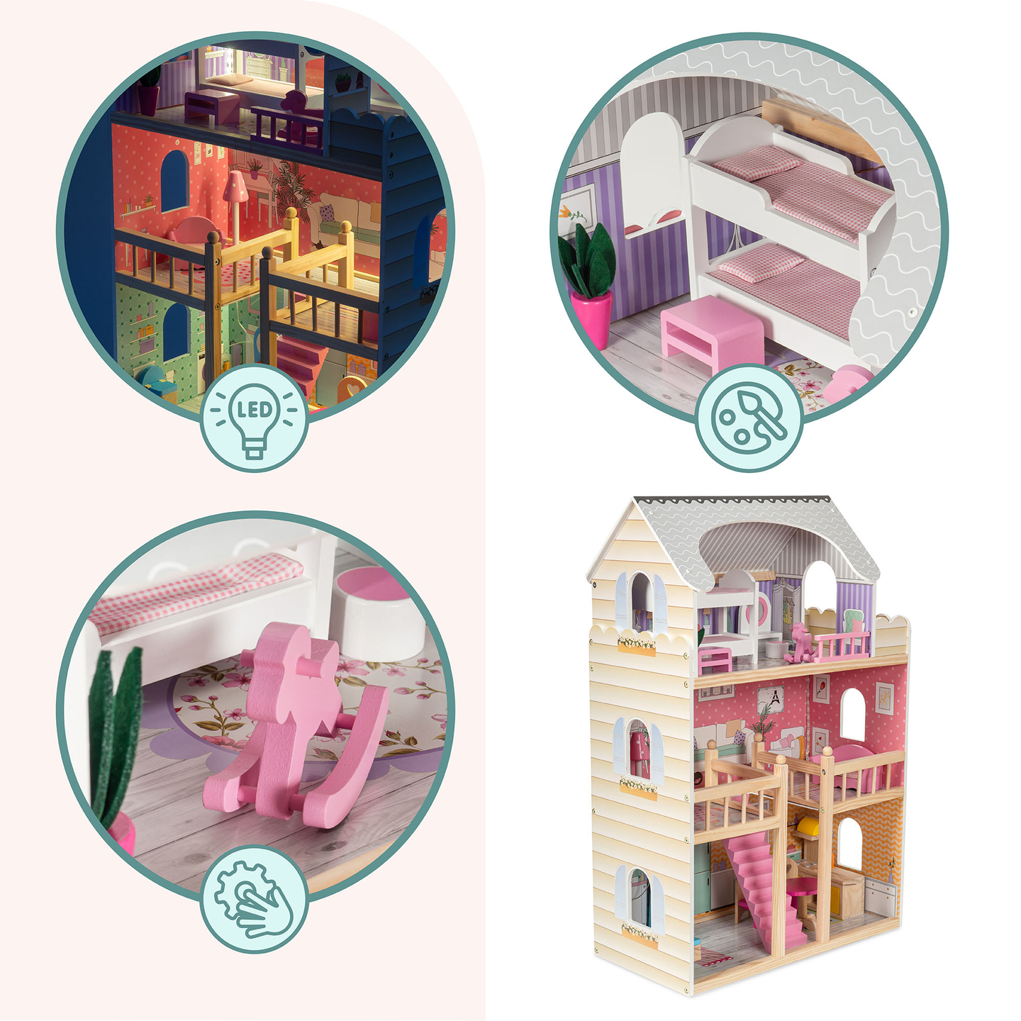 Velika drvena kućica za lutke na 3 kata s terasom, kompletom namještaja i LED rasvjetom!