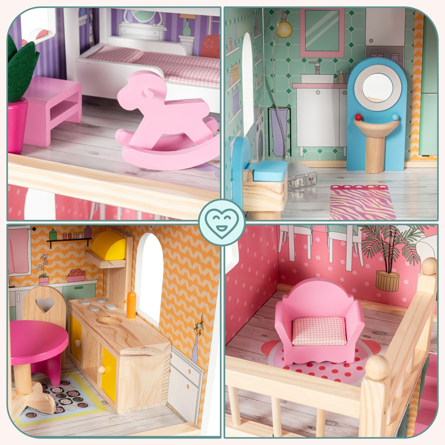 Velika drvena kućica za lutke na 3 kata s terasom, kompletom namještaja i LED rasvjetom!