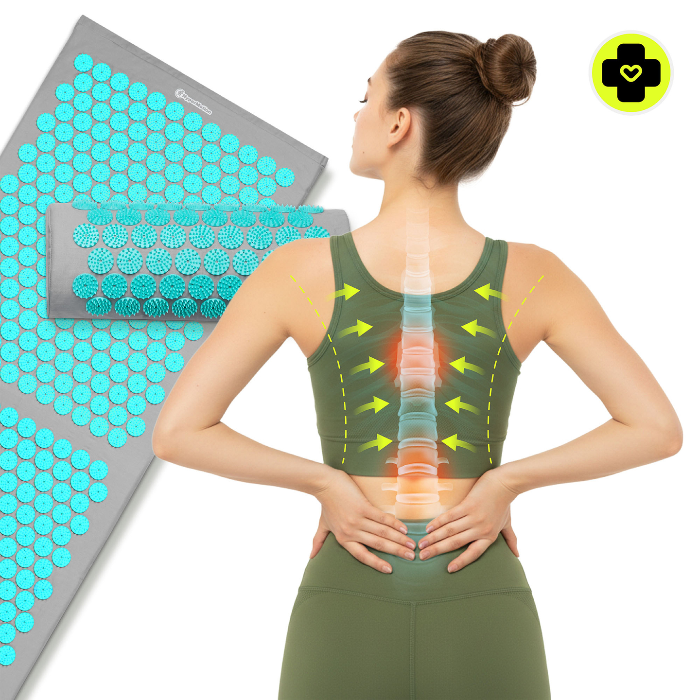 Velika akupresurna prostirka s jastukom i navlakom - 130 cm HyperMotion sivo-menta