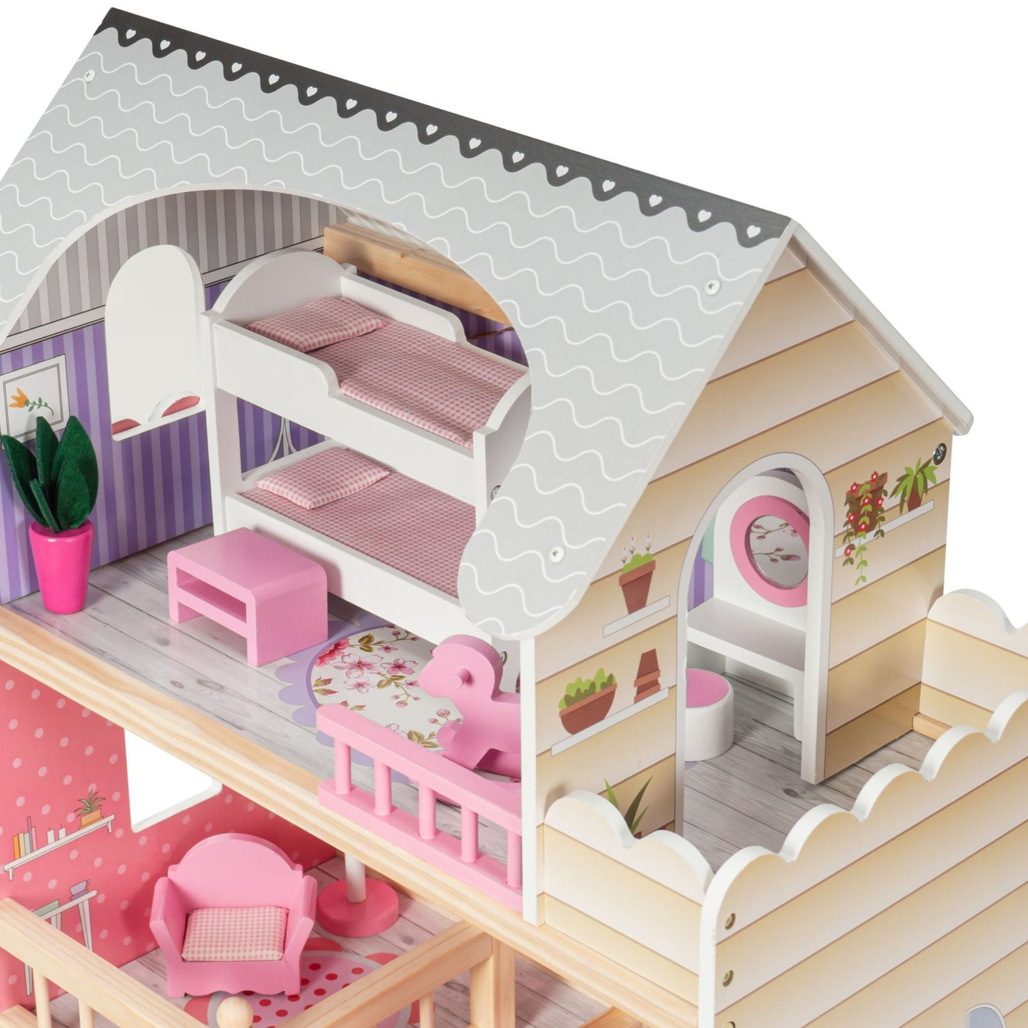 Velika drvena kućica za lutke na 3 kata s terasom, kompletom namještaja i LED rasvjetom!