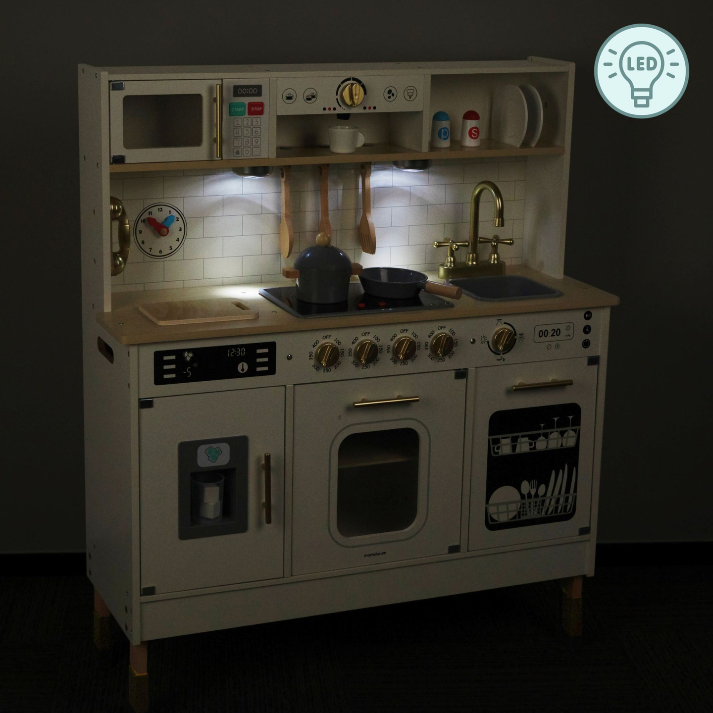 Interaktivna XXL drvena kuhinja s dodacima i LED rasvjetom - dvoetažna