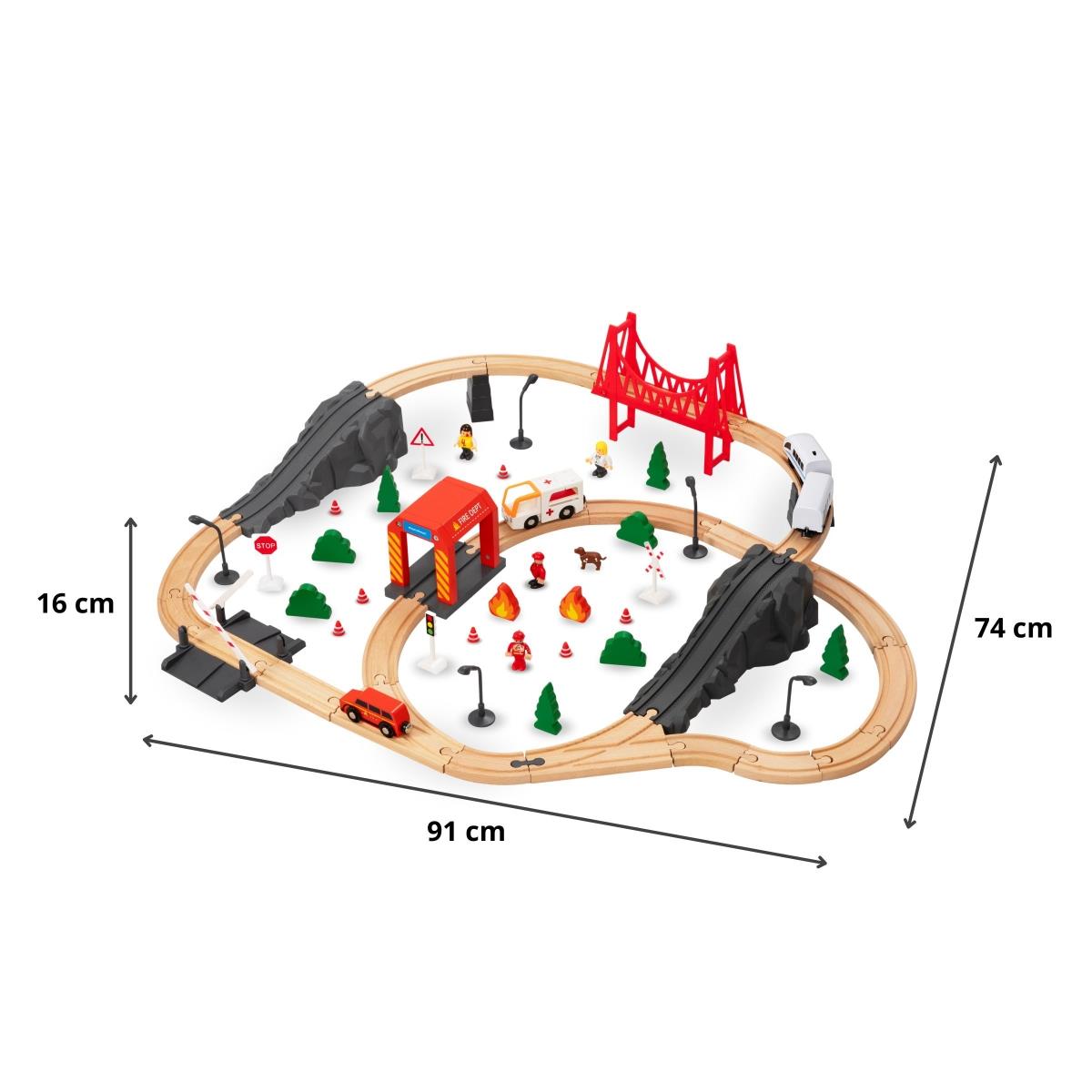 Drveni vlak, vlak na baterije - vatrogasci, tračnice, automobili, mostovi, barijere