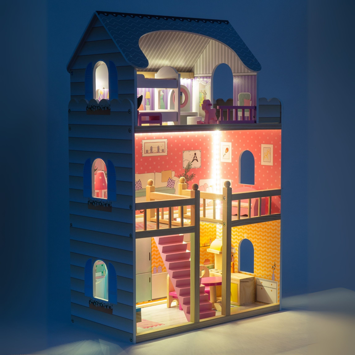 Velika drvena kućica za lutke na 3 kata s terasom, kompletom namještaja i LED rasvjetom!
