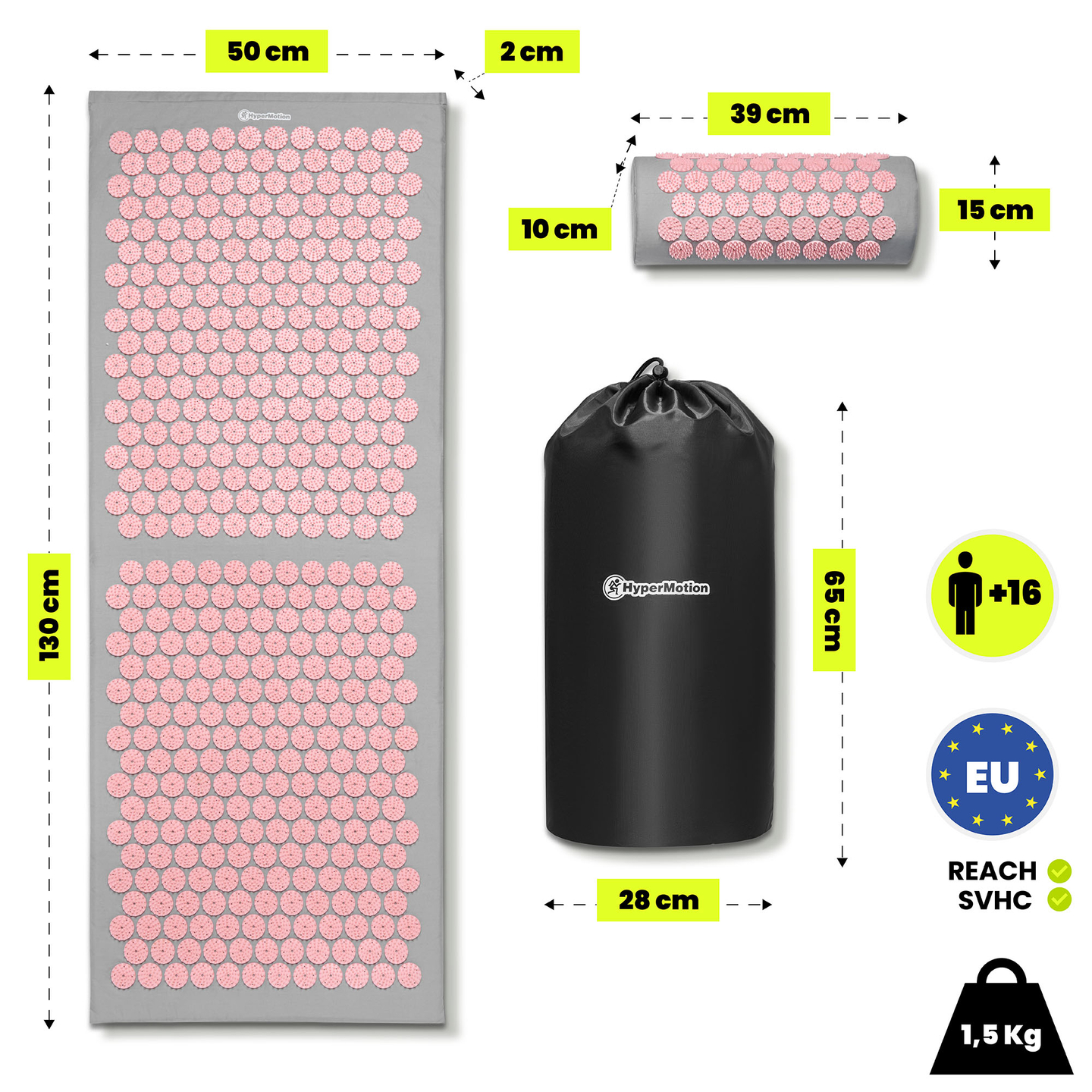 Velika akupresurna prostirka s jastukom i navlakom - 130 cm HyperMotion siva i roza