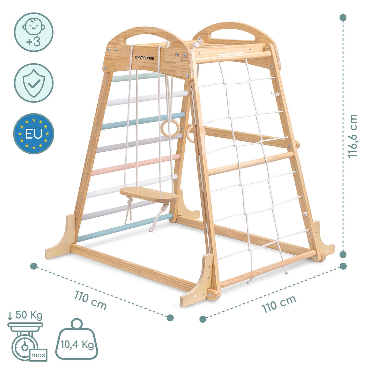 Drveno unutarnje igralište s ljuljačkom, gimnastičkim kolutovima i mrežom za penjanje