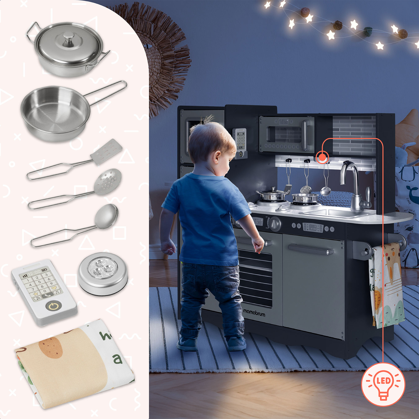 XXL drvena kuhinja s LED rasvjetom, pregačom i priborom