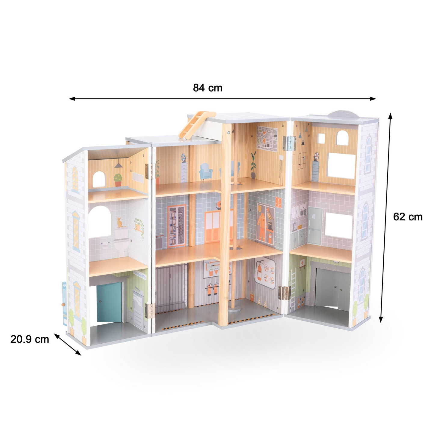 Veliki sklopivi vatrogasni dom s policijskom postajom - drveni set. Vatrogasna i policijska postaja s priborom.